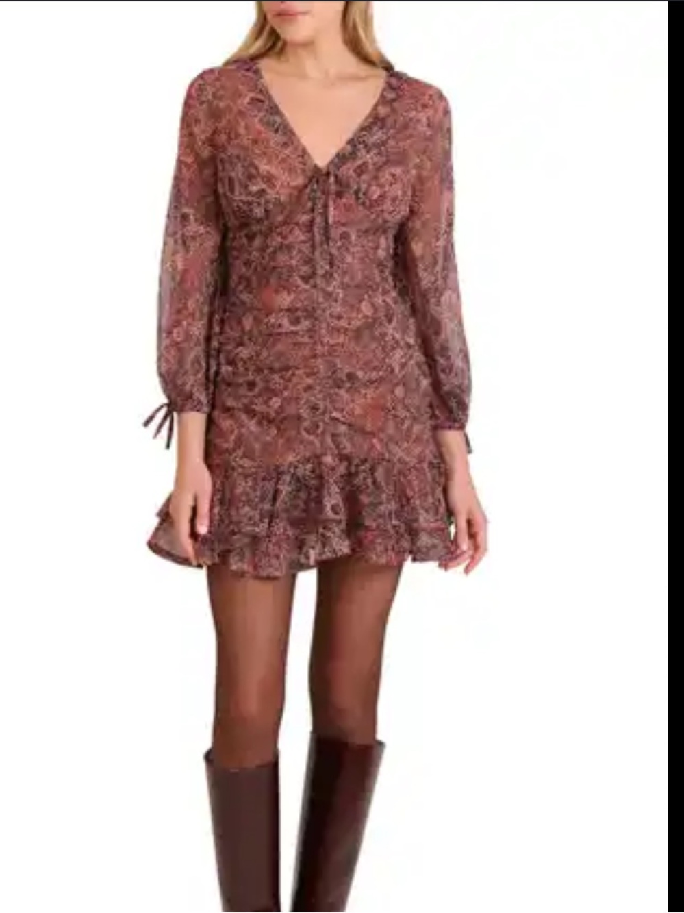 Avec Les Filles Rust Paisley Ruffle Mini Dress